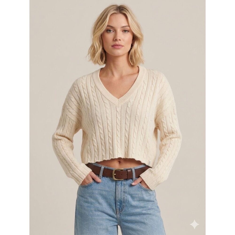 Known Supply Organic Cotton Cropped Cable-Knit V-Neck Sweater Cream Raw Hem M
